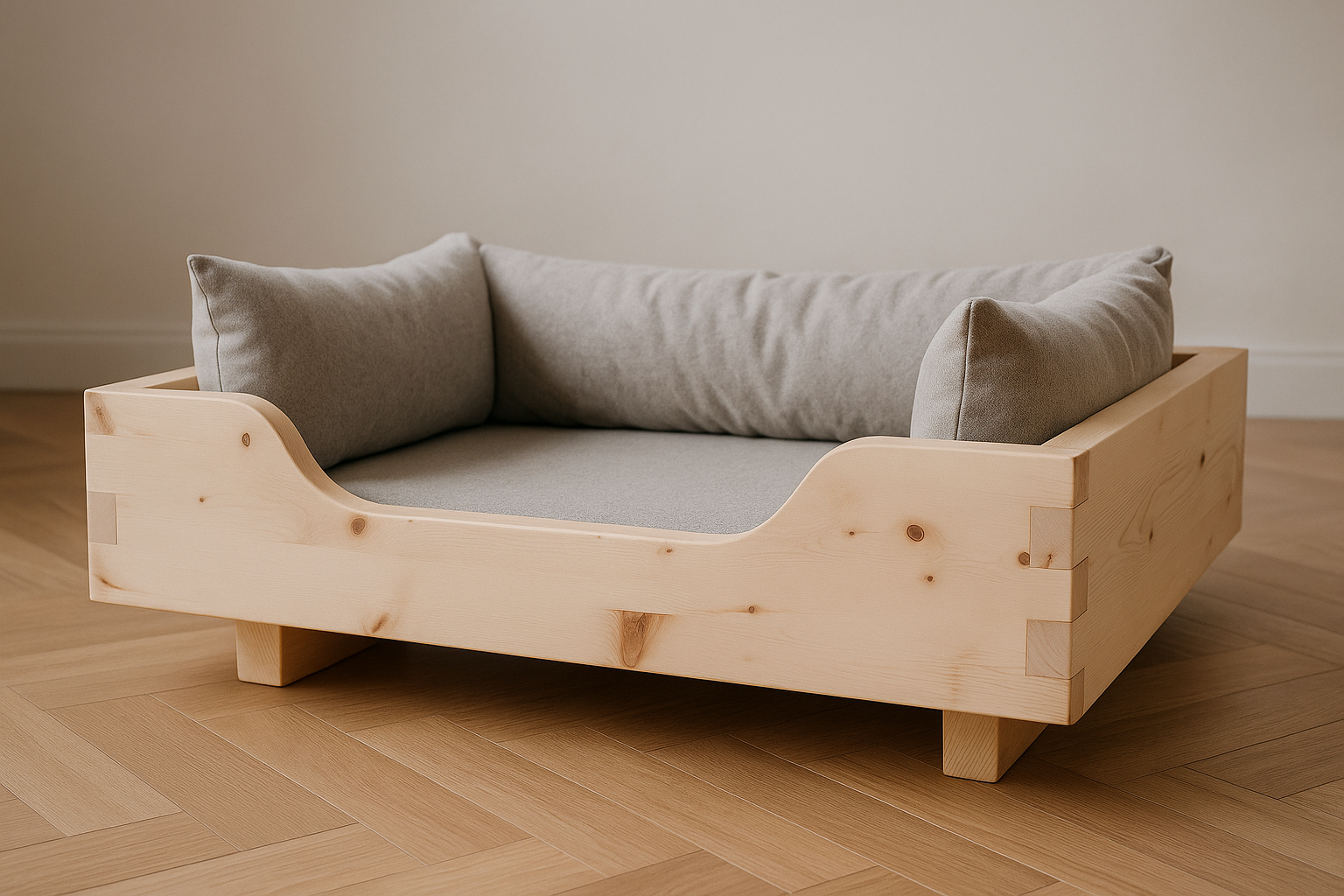 Zirben Hundebett mit Loden, erhöhte Ausführung mit zwei massiven Standfüßen aus Zirbenholz