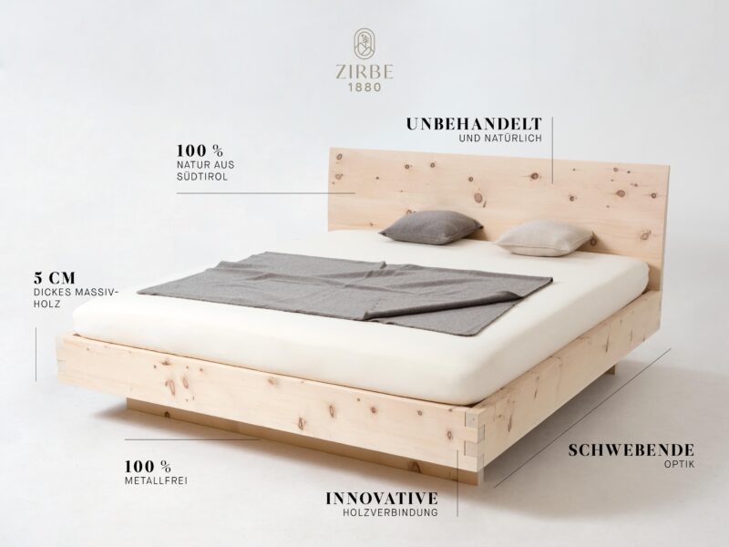 Zirbenbett in Boxspring-Optik aus massivem Zirbenholz – modernes, edles Design