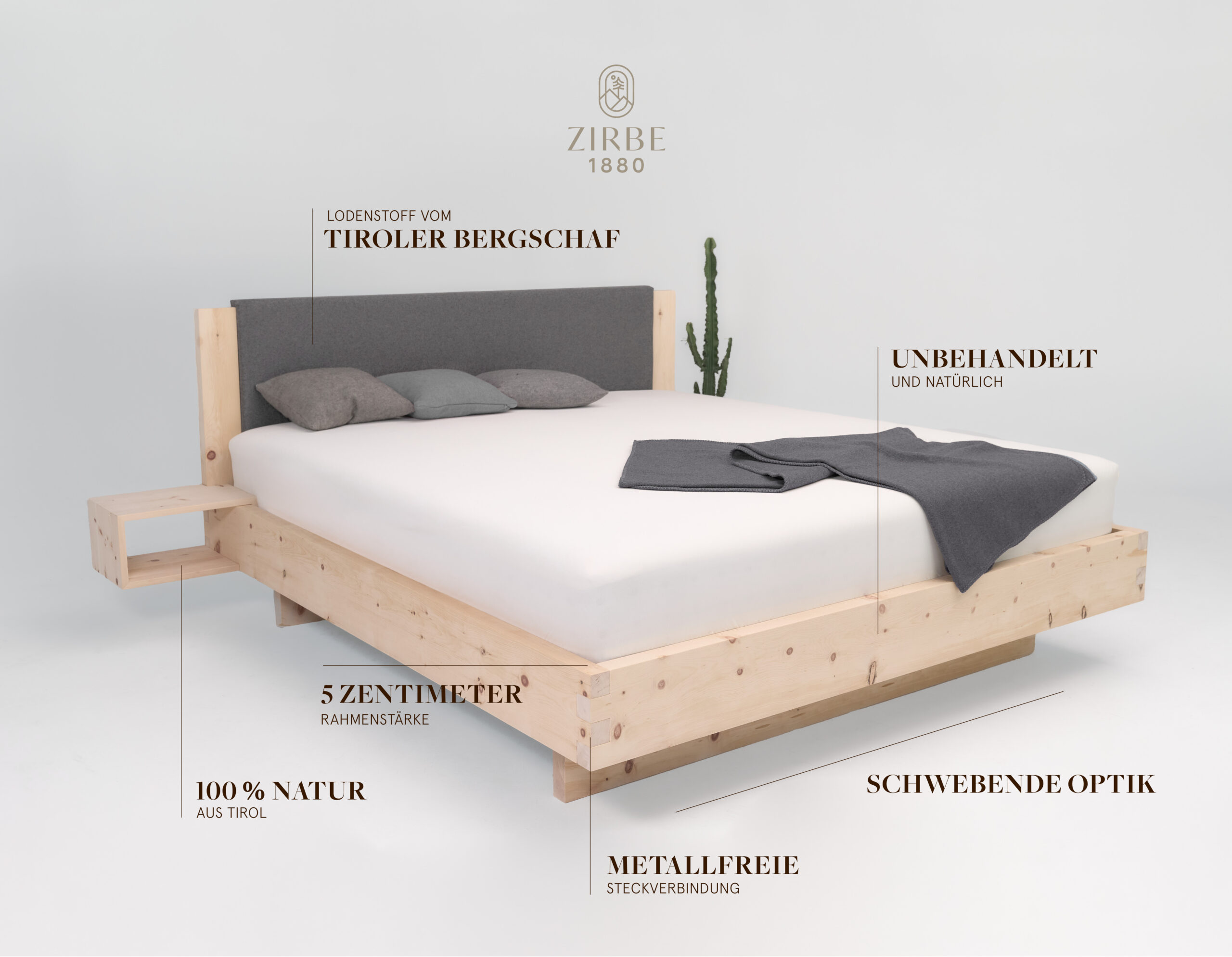 Zirbenbett mit Loden-Kopfteil – Kombination aus Holz und Stoff im Alpenstil